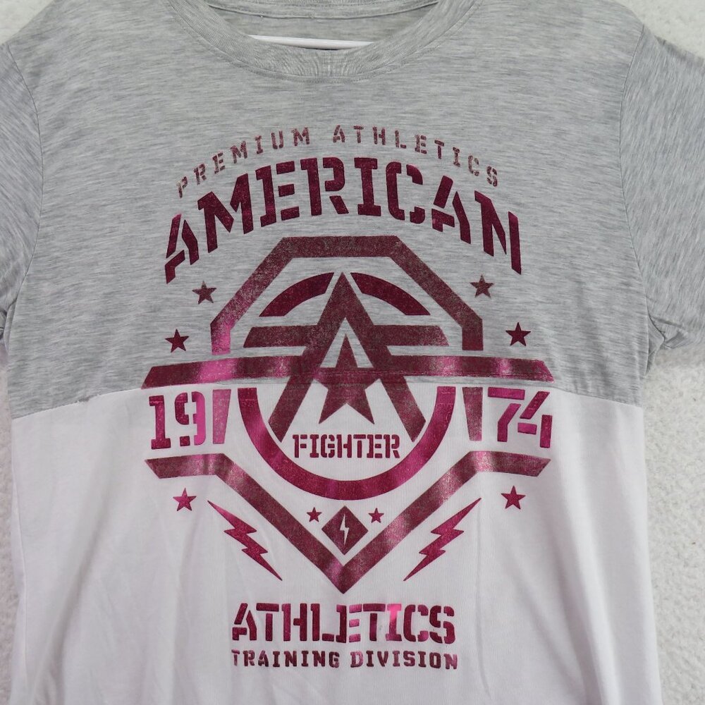 American Fighter Athletic T Shirt Size XL Gray White‎ Pink Metallic Logo - Picture 2 of 7